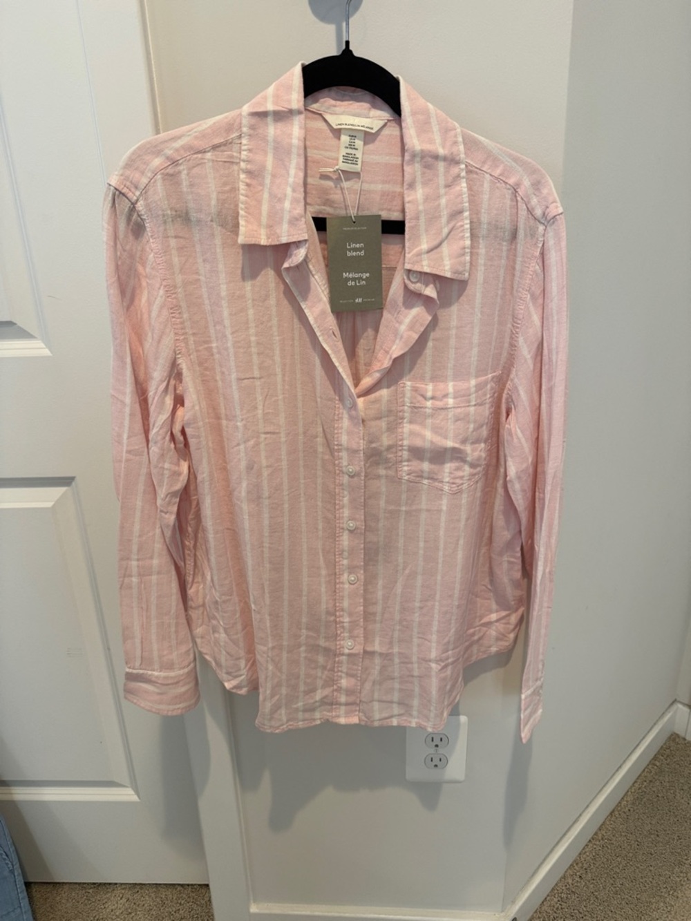 H&M Pink and White Striped Linen-Blend Button-Down Shirt